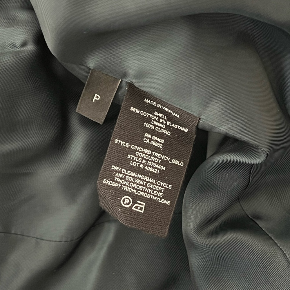 NWT! Theory | Cinched Belted Oslo Corduroy Trench Coat In Green | Size: Petite - Picture 7 of 11
